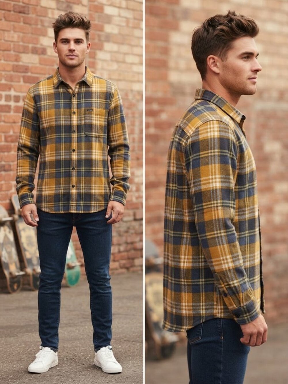 Volcom Plaid Flanbel Blue Mustard Men's Button-Down Shirt Polo Shirt Size Small